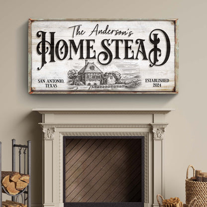Canvas Homestead Sign X Tailored Canvases; rustic whitewash with bold black lettering on Tampa Home & Garden Store