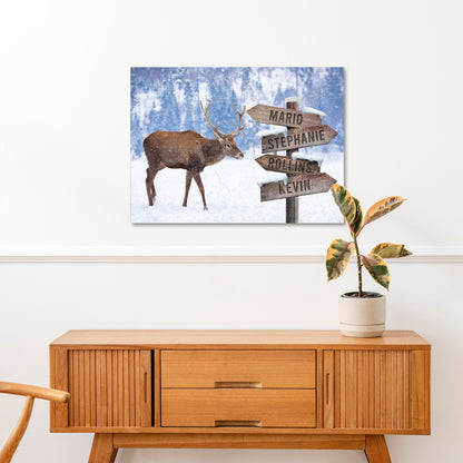 Deer family names sign canvas with snowy woodland and name planks Mario Stephanie Kevin on Tampa Home & Garden Store