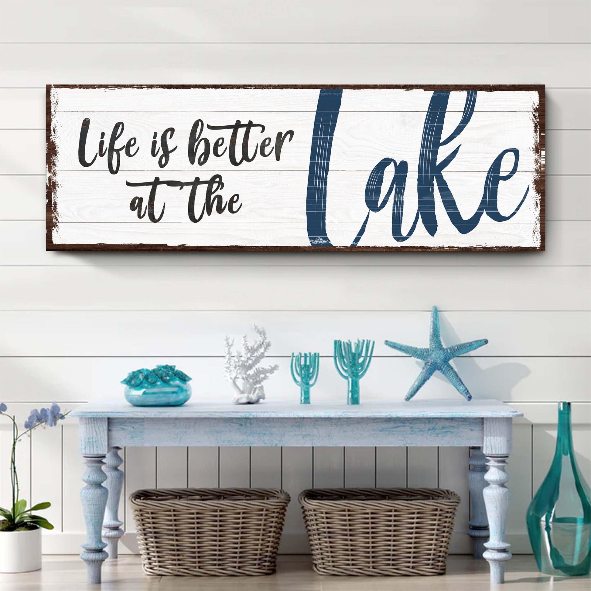 Life Is Better At The Lake Sign II canvas wall art with blue lettering Tailored Canvases on Tampa Home & Garden Store