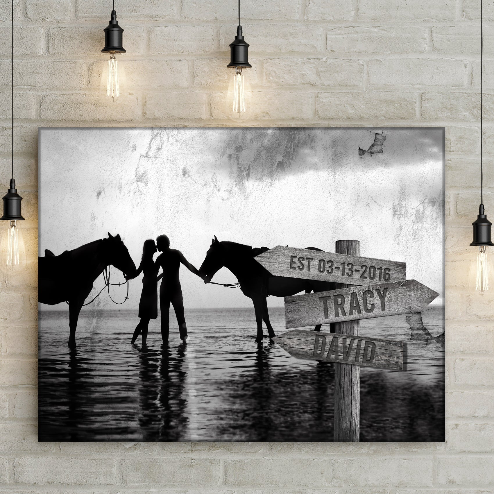 Horse Couple Sign canvas Tailored Canvases grayscale horses near a signpost Tracy and David on Tampa Home & Garden Store