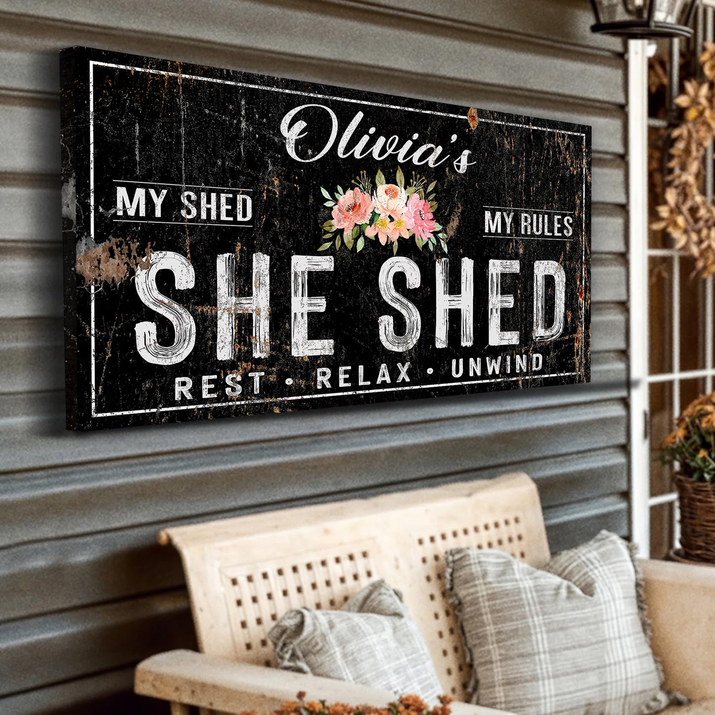 Canvas sign IX personalized she shed with floral bouquet by Tailored Canvases on Tampa Home & Garden Store