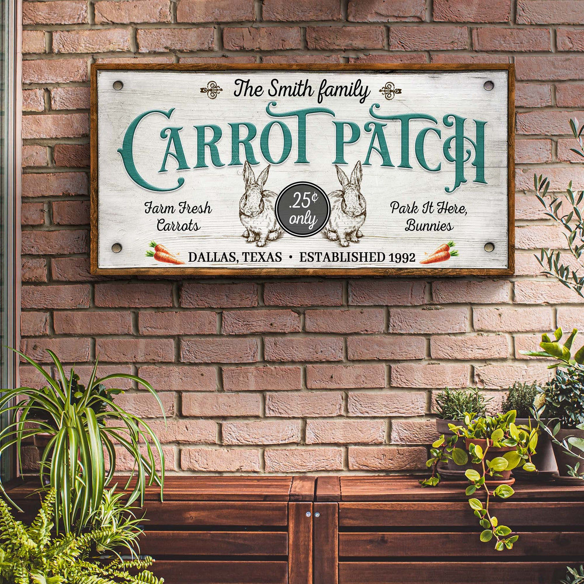 Farm Fresh Carrot Patch canvas sign with teal CARROT PATCH on plank by Tailored Canvases on Tampa Home & Garden Store