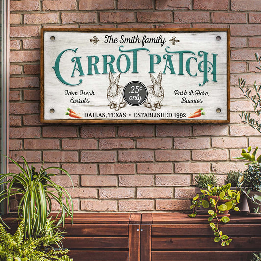 Farm Fresh Carrot Patch canvas sign with teal CARROT PATCH on plank by Tailored Canvases on Tampa Home & Garden Store