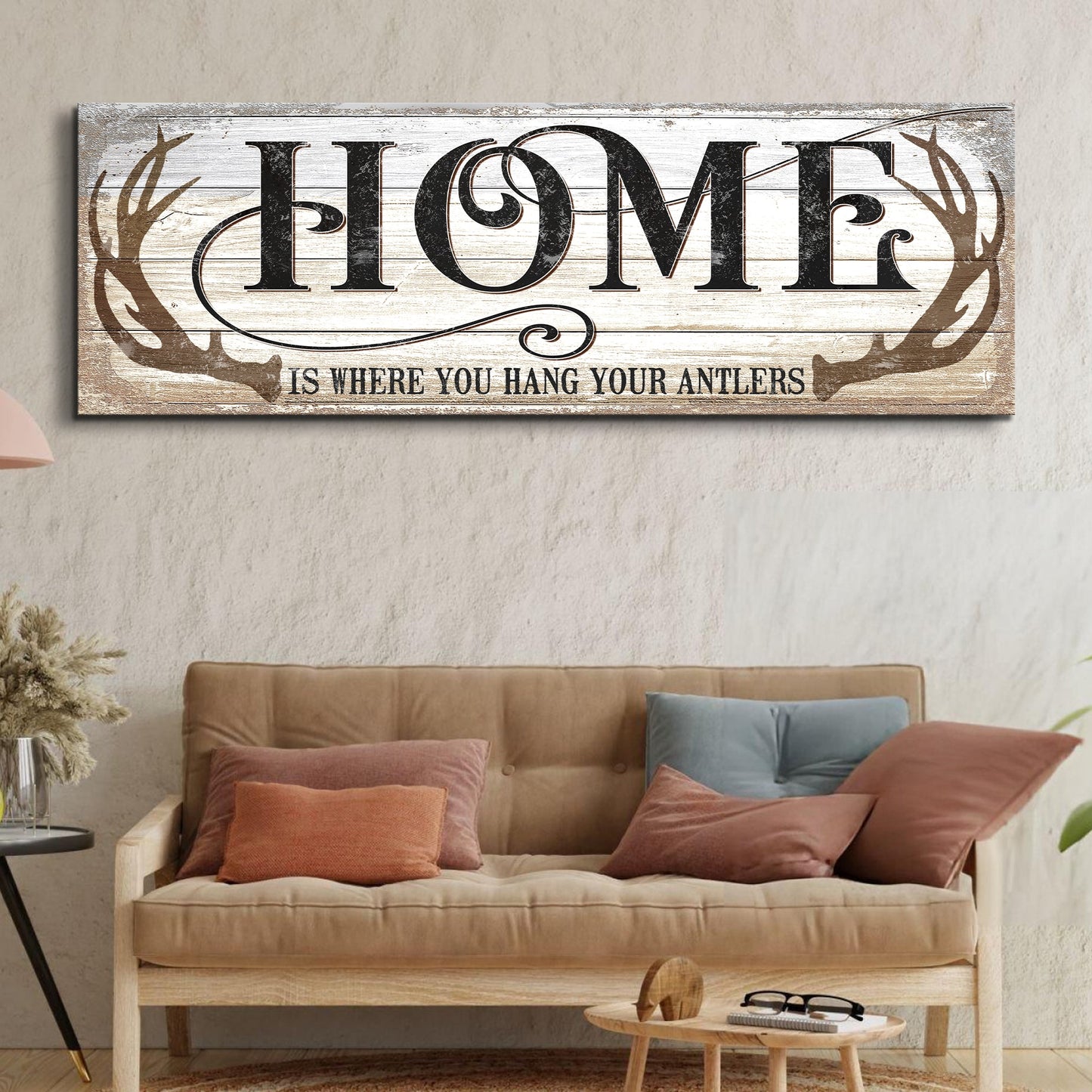 Home Is Where You Hang Your Antlers II canvas sign by Tailored Canvases with rustic wood on Tampa Home & Garden Store