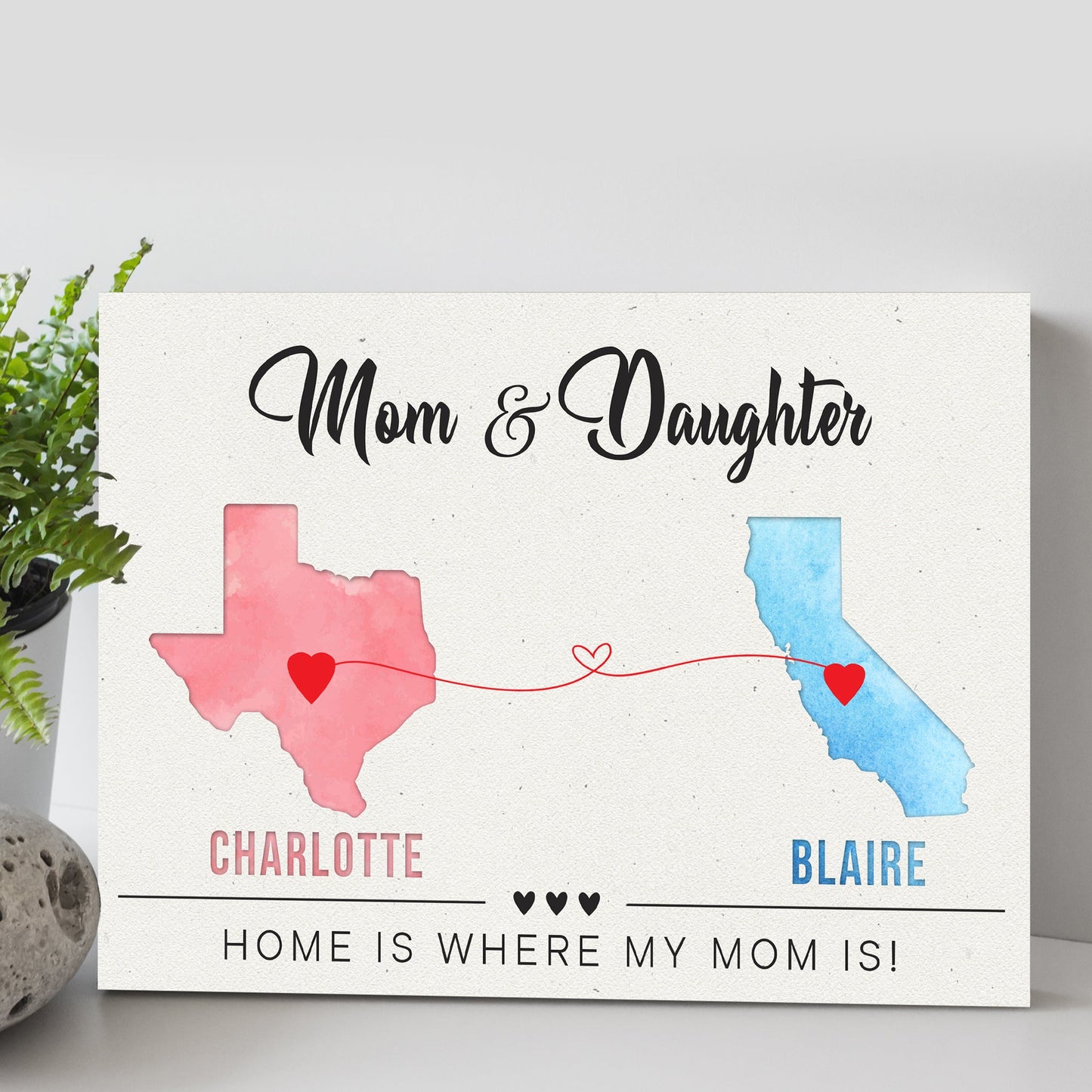 Mother's Day Sign canvas with Mom & Daughter script and Home Is Where My Mom Is, pink and blue watercolor shapes on Tampa Home & Garden Store