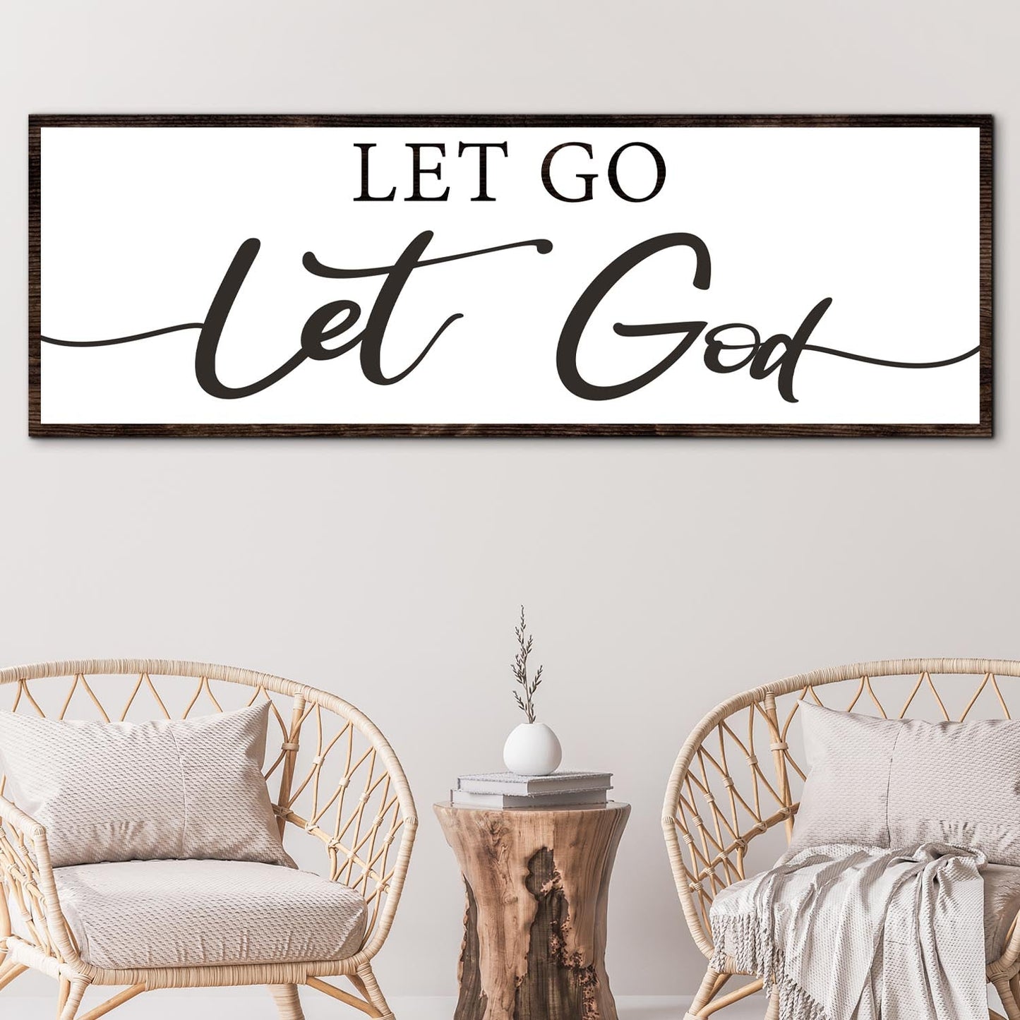 Let Go Let God faith sign III canvas wall art with script on white and dark wood frame on Tampa Home & Garden Store