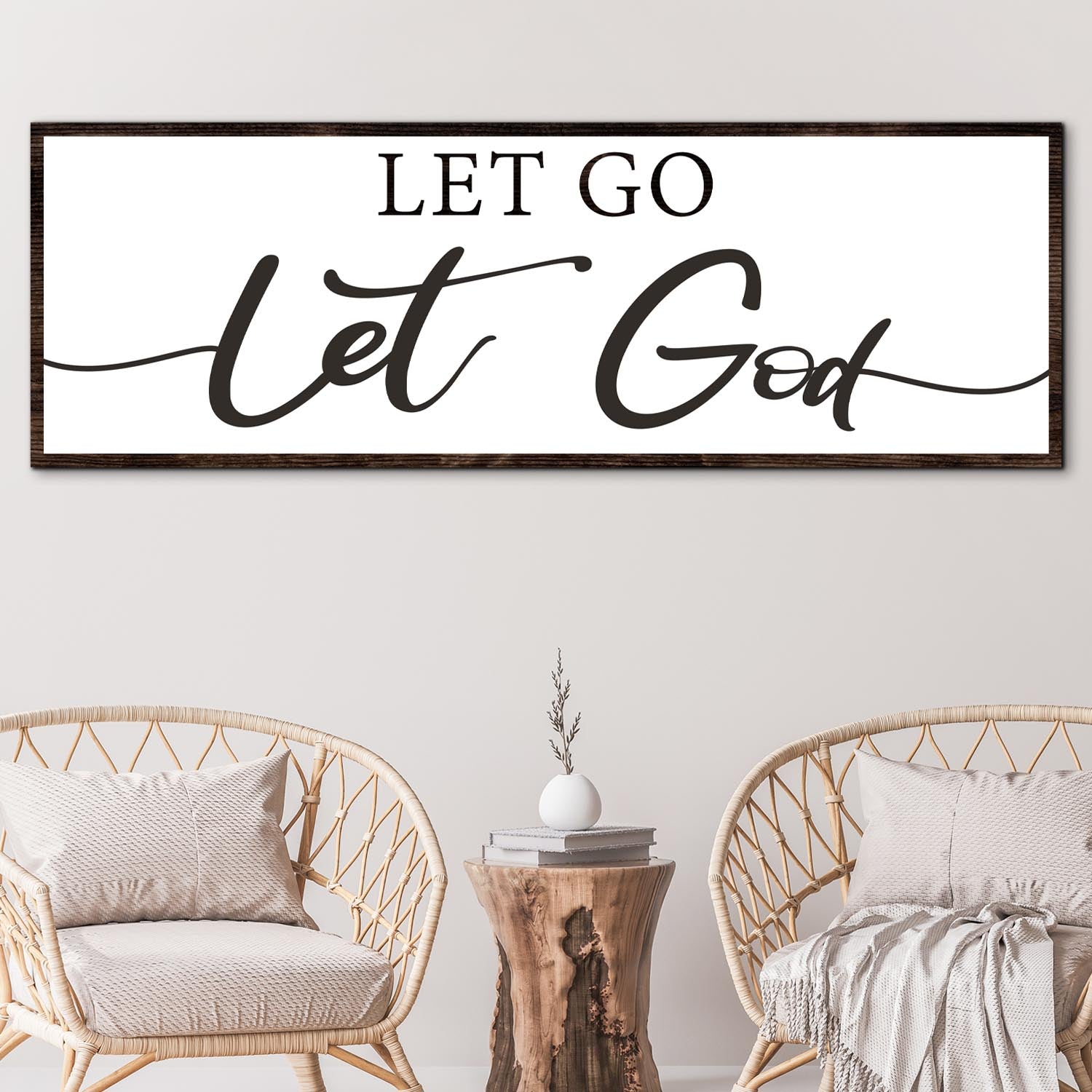 Let Go Let God faith sign III canvas wall art with script on white and dark wood frame on Tampa Home & Garden Store