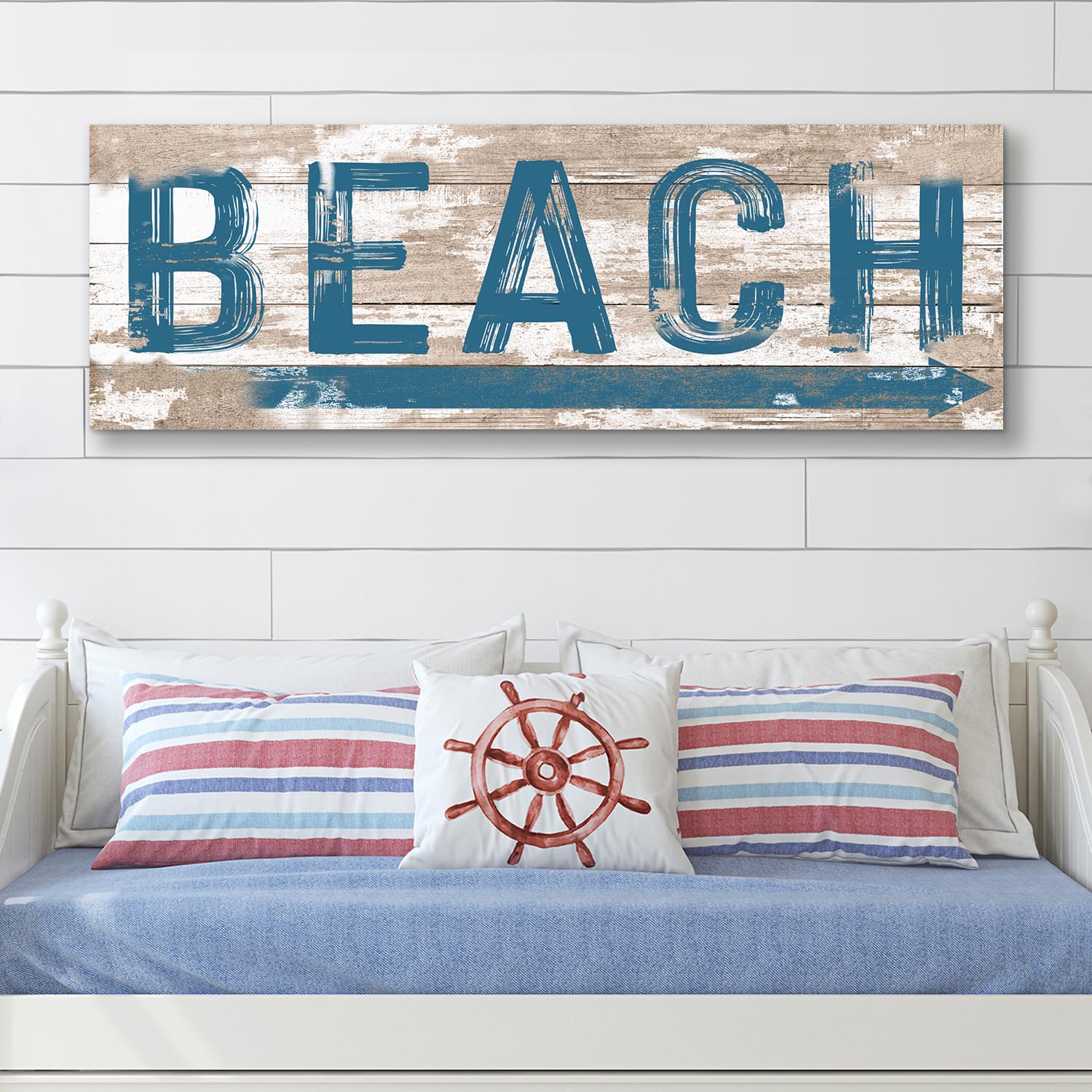 Beach House Sign V canvas with distressed wood background and bold blue lettering on Tampa Home & Garden Store