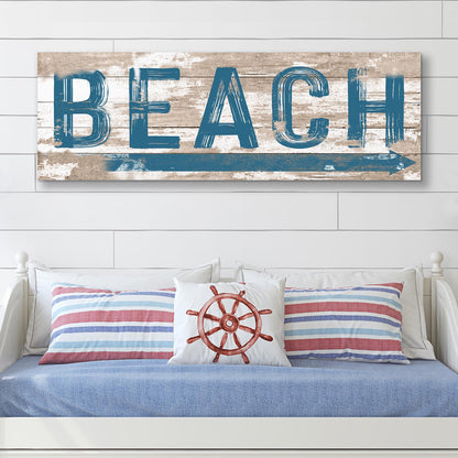Beach House Sign V canvas with distressed wood background and bold blue lettering on Tampa Home & Garden Store
