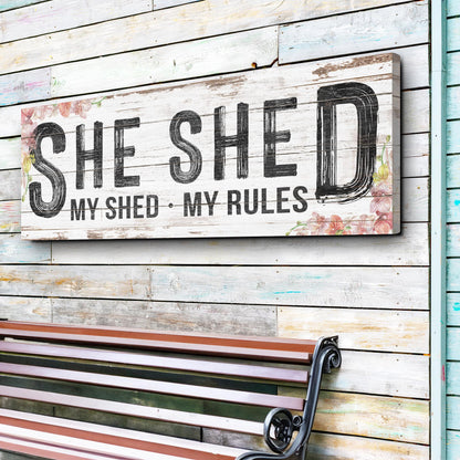 Personalized She Shed Sign XIV canvas with rustic whitewashed wood background and floral accents on Tampa Home & Garden Store