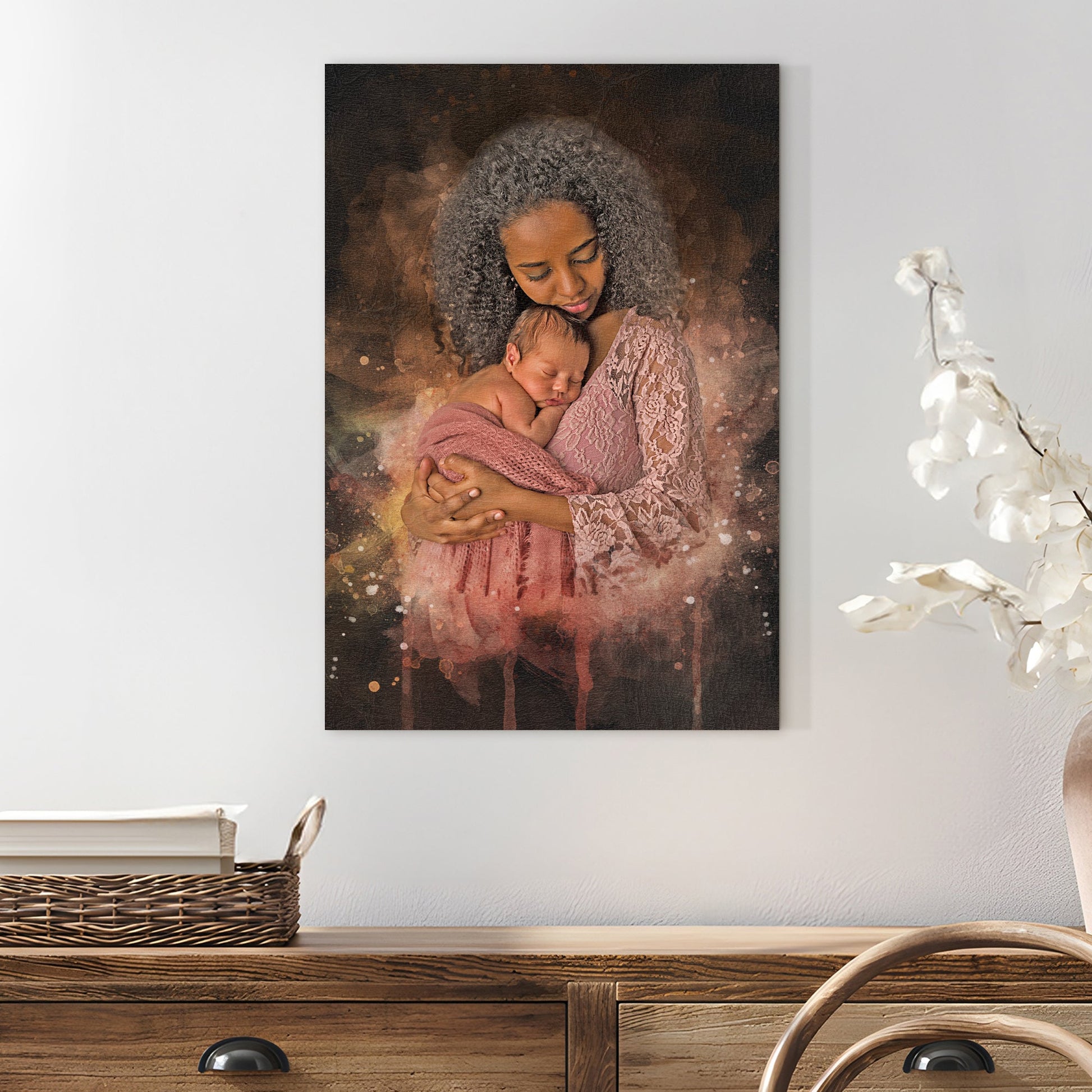 Mother's Day Portrait Sign Canvas by Tailored Canvases; mother cradling baby in pink lace on Tampa Home & Garden Store