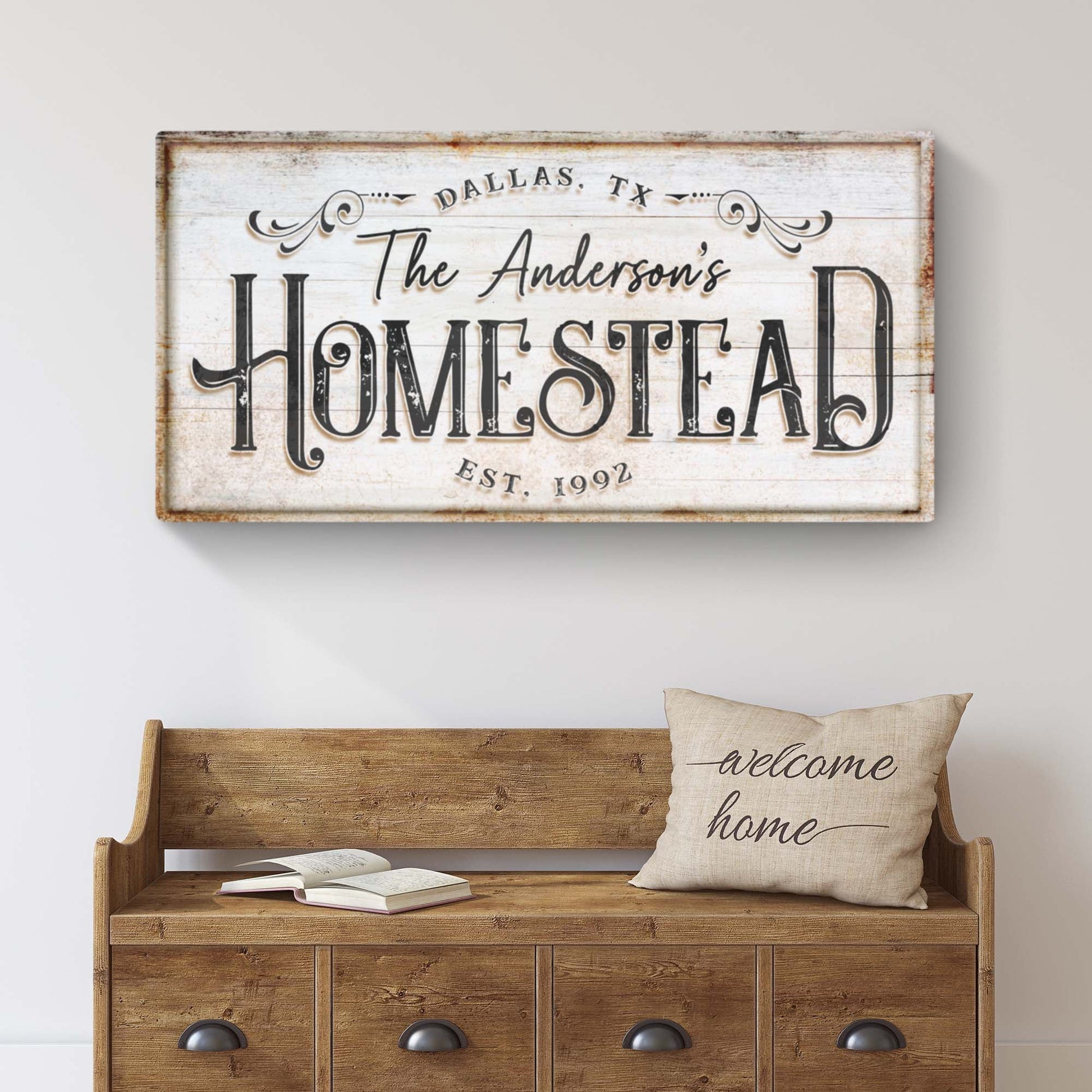 Homestead Sign VII canvas with distressed whitewashed wood and bold HOMESTEAD lettering on Tampa Home & Garden Store