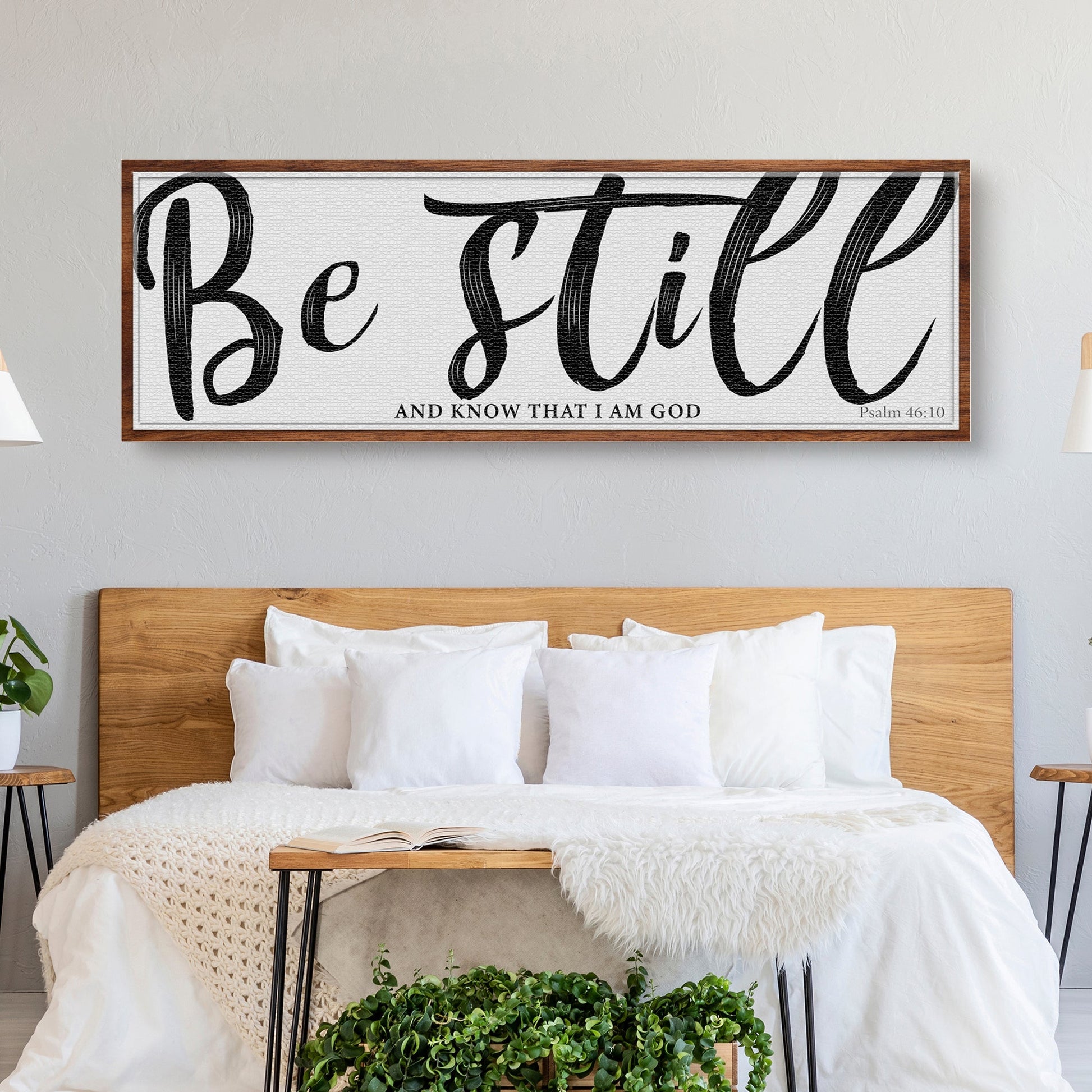 Be Still And Know That I Am God Psalm 46:10 canvas sign with black script framed in wood on Tampa Home & Garden Store