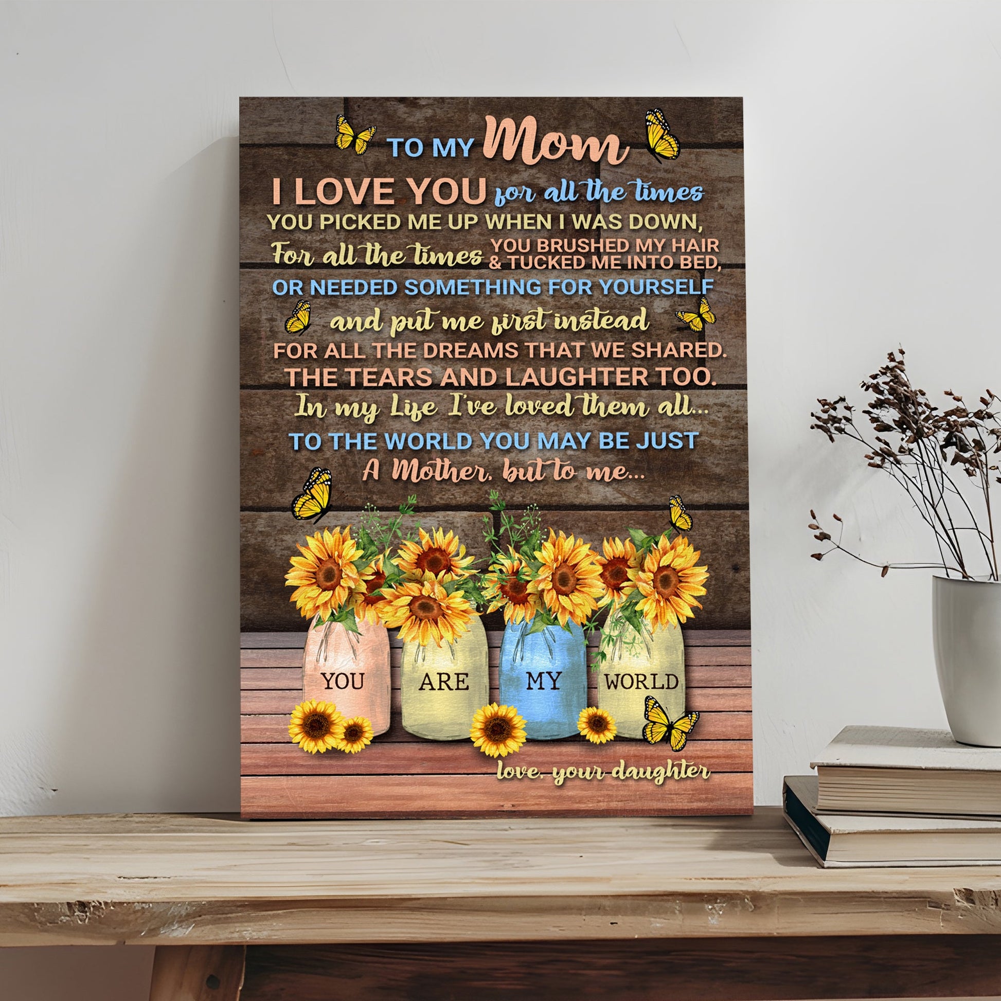 Mother's Day Sign canvas by Tailored Canvases with wood backdrop and sunflower jars on Tampa Home & Garden Store