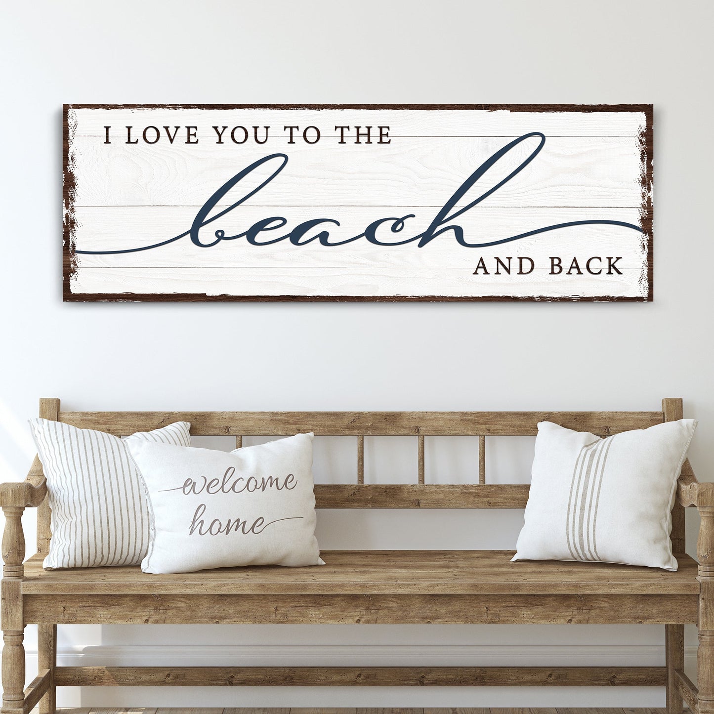 Love You To The Beach And Back sign canvas with rustic whitewashed wood, blue beach script on Tampa Home & Garden Store