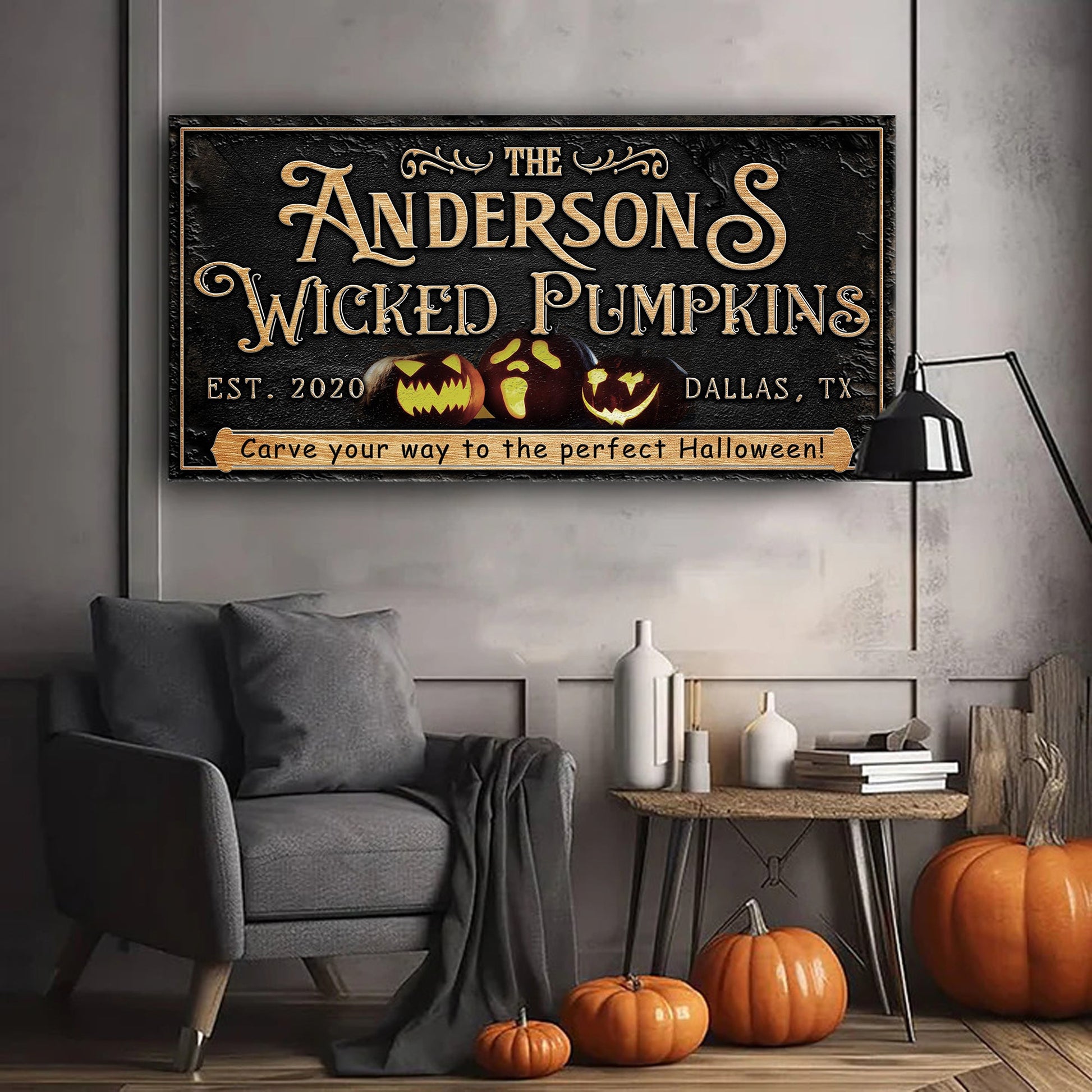 Personalized Wicked Pumpkins Halloween sign on black canvas by Tailored Canvases with gold on Tampa Home & Garden Store
