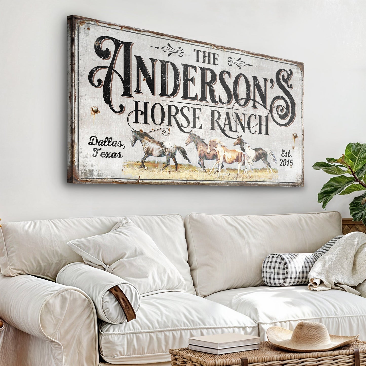 Personalized Horse Ranch Sign II canvas wall art by Tailored Canvases, rustic distressed white on Tampa Home & Garden Store