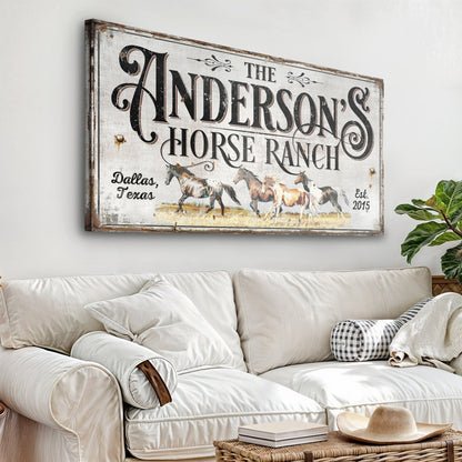 Personalized Horse Ranch Sign II canvas wall art by Tailored Canvases, rustic distressed white on Tampa Home & Garden Store