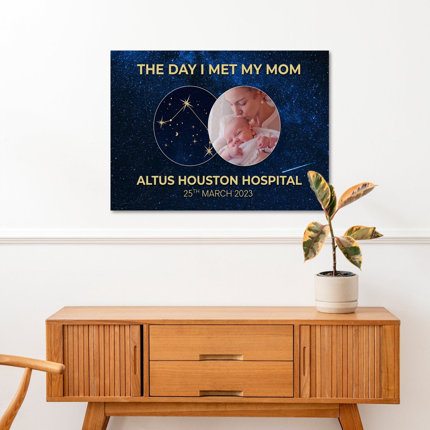Canvas Mother's Day Sign The Day I Met My Mom with starry blue background and circular photo collage on Tampa Home & Garden Store