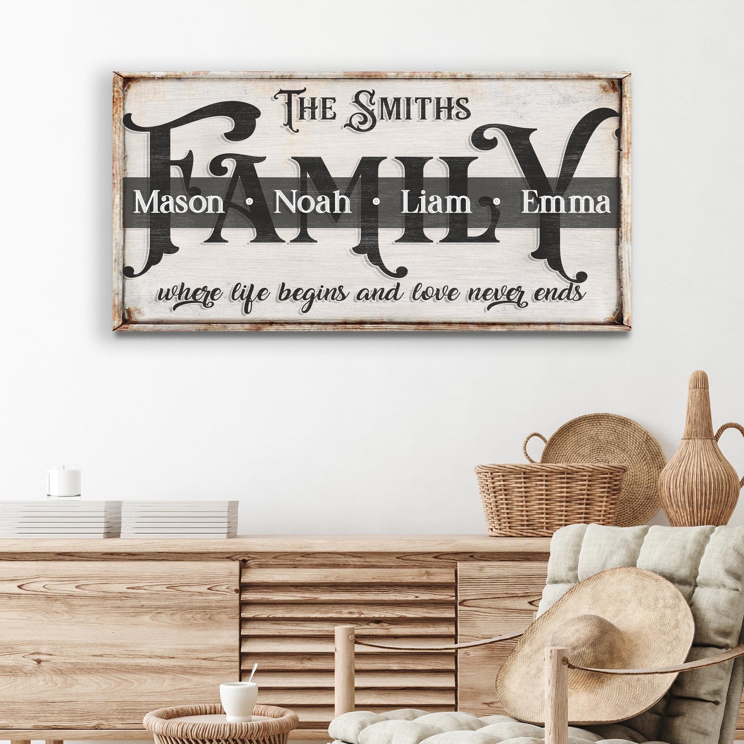 Family Sign XXIII canvas by Tailored Canvases with bold typography Mason, Noah on Tampa Home & Garden Store
