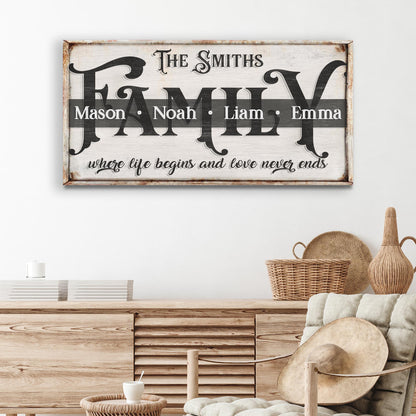 Family Sign XXIII canvas by Tailored Canvases with bold typography Mason, Noah on Tampa Home & Garden Store