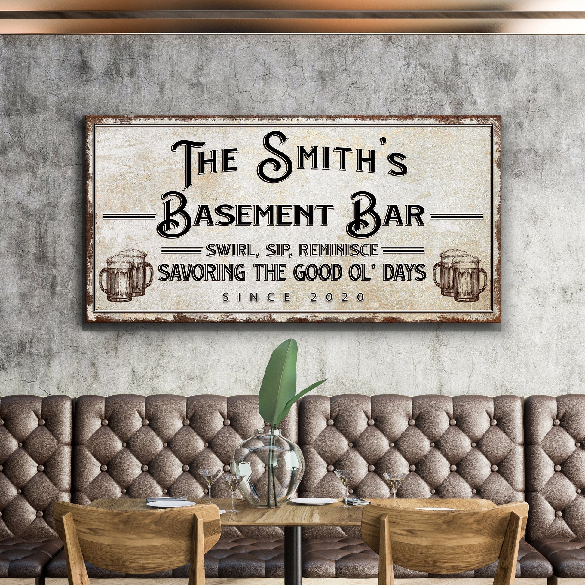 Basement Bar canvas sign with vintage typography and beer mug illustrations, distressed frame on Tampa Home & Garden Store