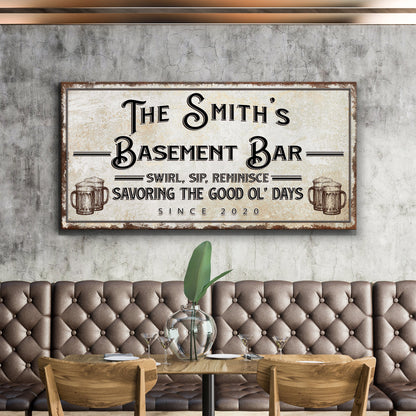 Basement Bar canvas sign with vintage typography and beer mug illustrations, distressed frame on Tampa Home & Garden Store