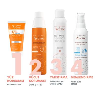 Avène fragrance-free SPF50+ sunscreen set: orange cream tube, SPF50+ spray, Thermal Spring Water on Tampa Home & Garden Store