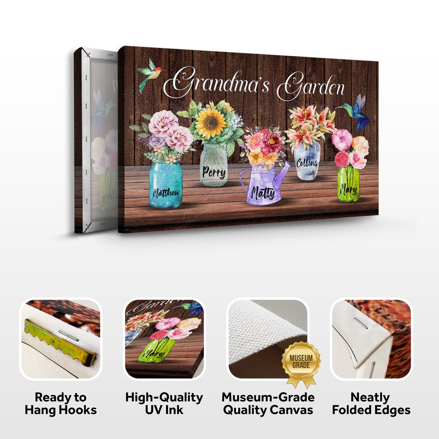 Grandma's Garden canvas sign with wood backdrop and floral jars by Tailored Canvases on Tampa Home & Garden Store