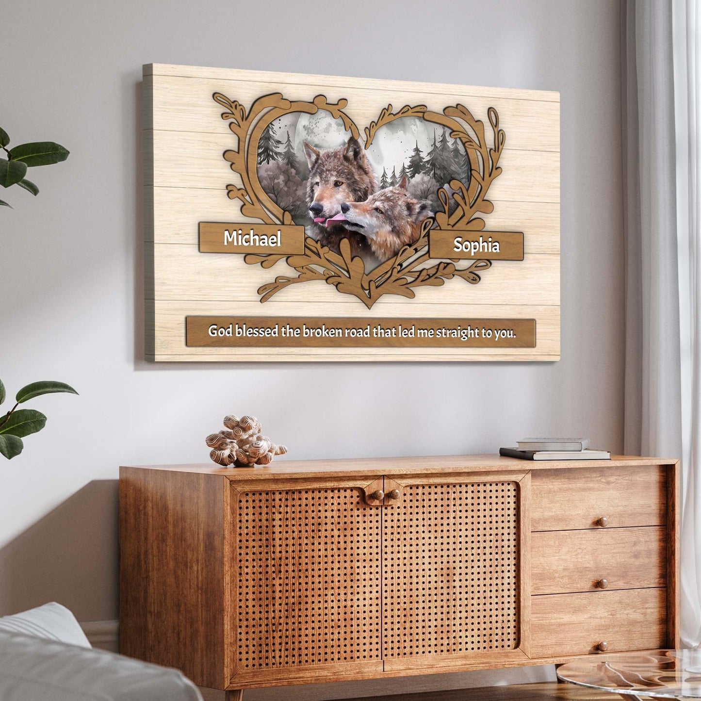 Couple Wolves Sign II canvas by Tailored Canvases, wood-toned rustic panel with wolves and forest on Tampa Home & Garden Store