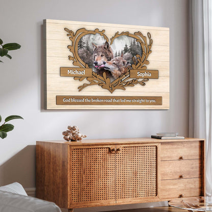 Couple Wolves Sign II canvas by Tailored Canvases, wood-toned rustic panel with wolves and forest on Tampa Home & Garden Store