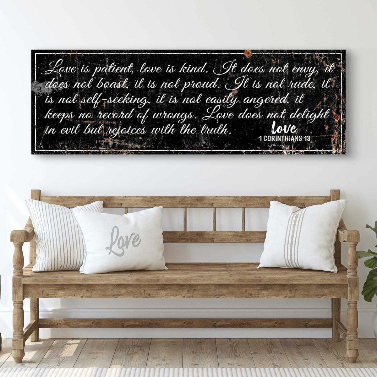 Canvas wall art with 1 Corinthians 13 Love Is Patient script on black marble background on Tampa Home & Garden Store