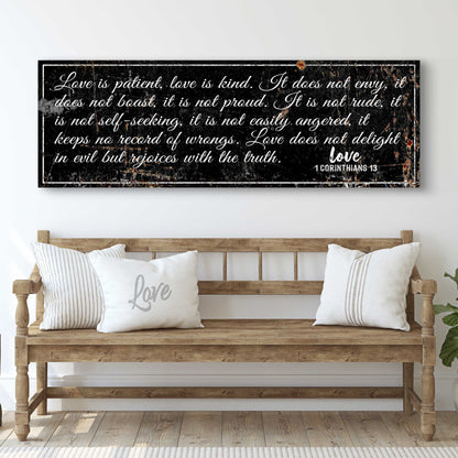 Canvas wall art with 1 Corinthians 13 Love Is Patient script on black marble background on Tampa Home & Garden Store