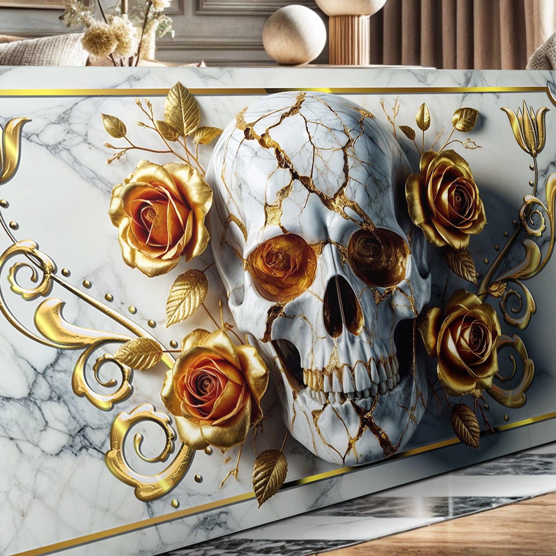 3D Rose and Skull Wall Art II canvas with gold roses on marble backdrop Tailored Canvases on Tampa Home & Garden Store