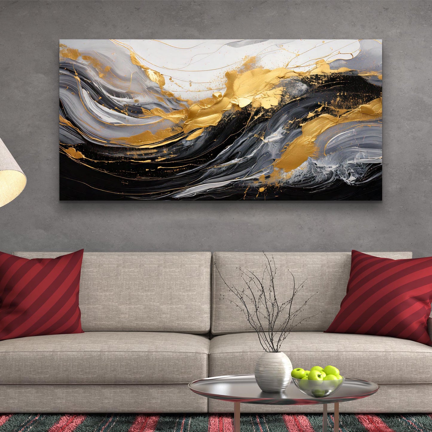 Modern Abstract Shadows Canvas with gold accents over gray black swirls Tailored Canvases on Tampa Home & Garden Store