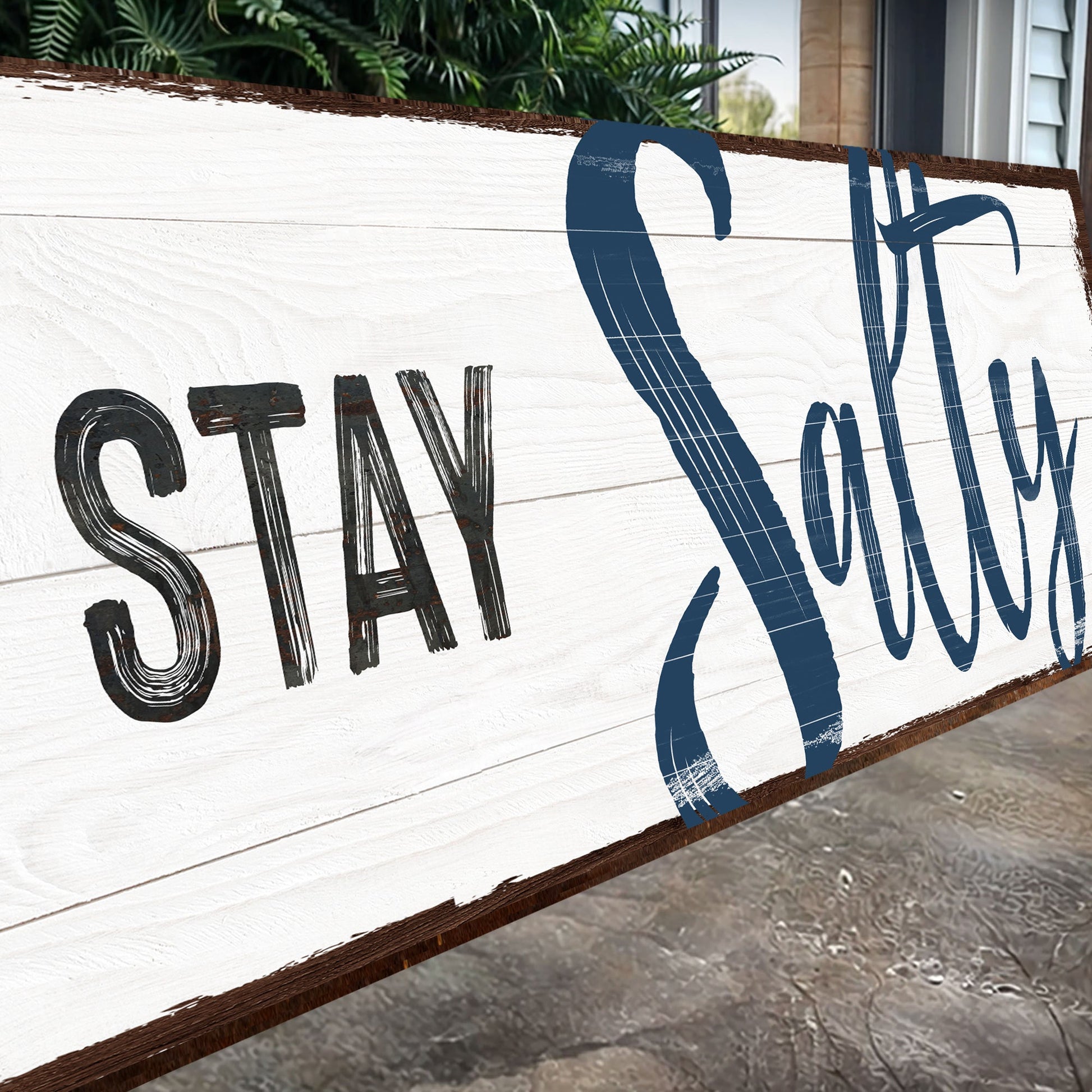 Stay Salty Coastal Sign III canvas with whitewashed wood background and distressed blue script on Tampa Home & Garden Store