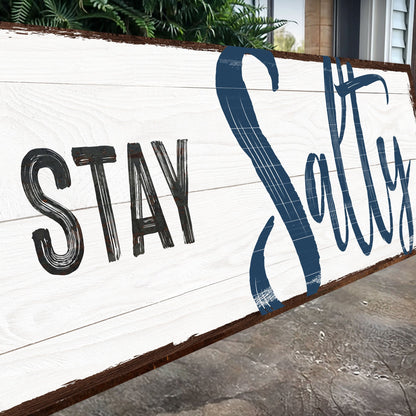 Stay Salty Coastal Sign III canvas with whitewashed wood background and distressed blue script on Tampa Home & Garden Store