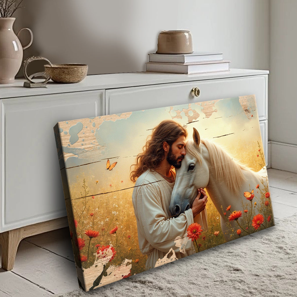 Jesus and Horse Faith Wall Art II canvas shows a man embracing a white horse on Tampa Home & Garden Store
