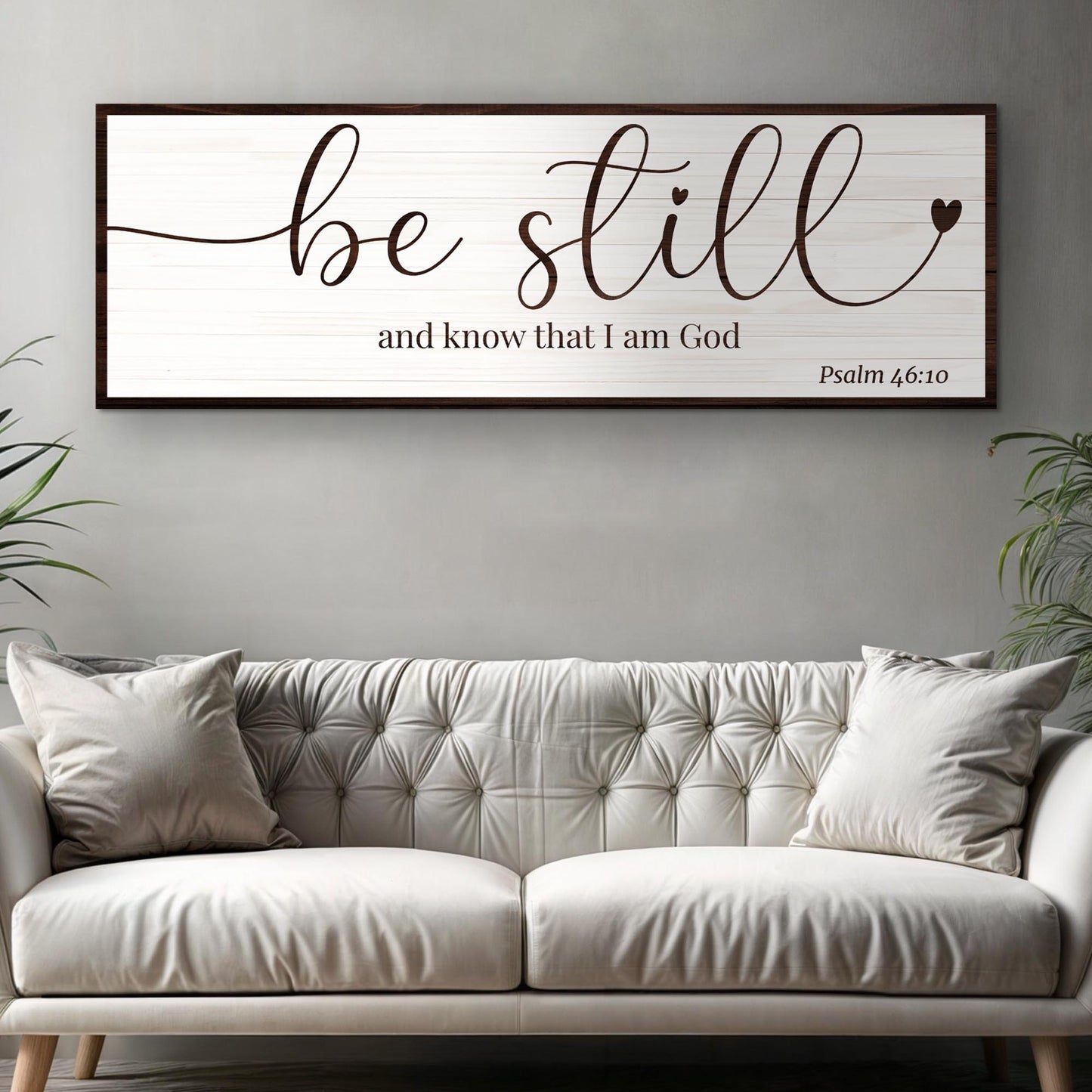 Be Still Faith Sign VII canvas by Tailored Canvases on whitewashed wood with dark frame on Tampa Home & Garden Store