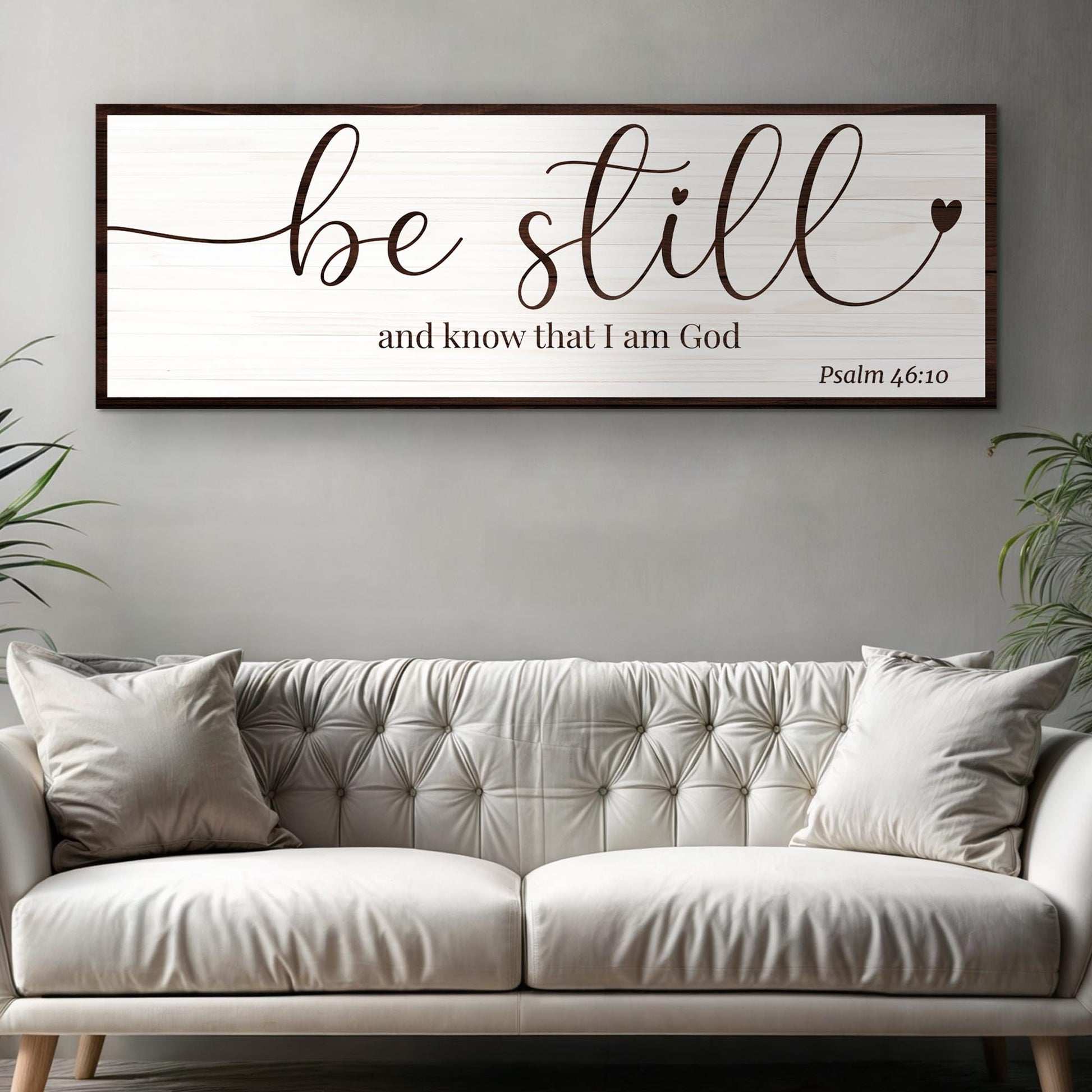 Be Still Faith Sign VII canvas by Tailored Canvases on whitewashed wood with dark frame on Tampa Home & Garden Store