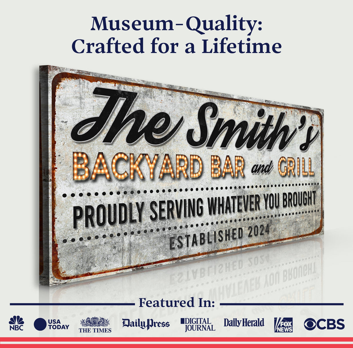 Backyard Bar & Grill sign canvas print with distressed metal texture and rust edges on Tampa Home & Garden Store