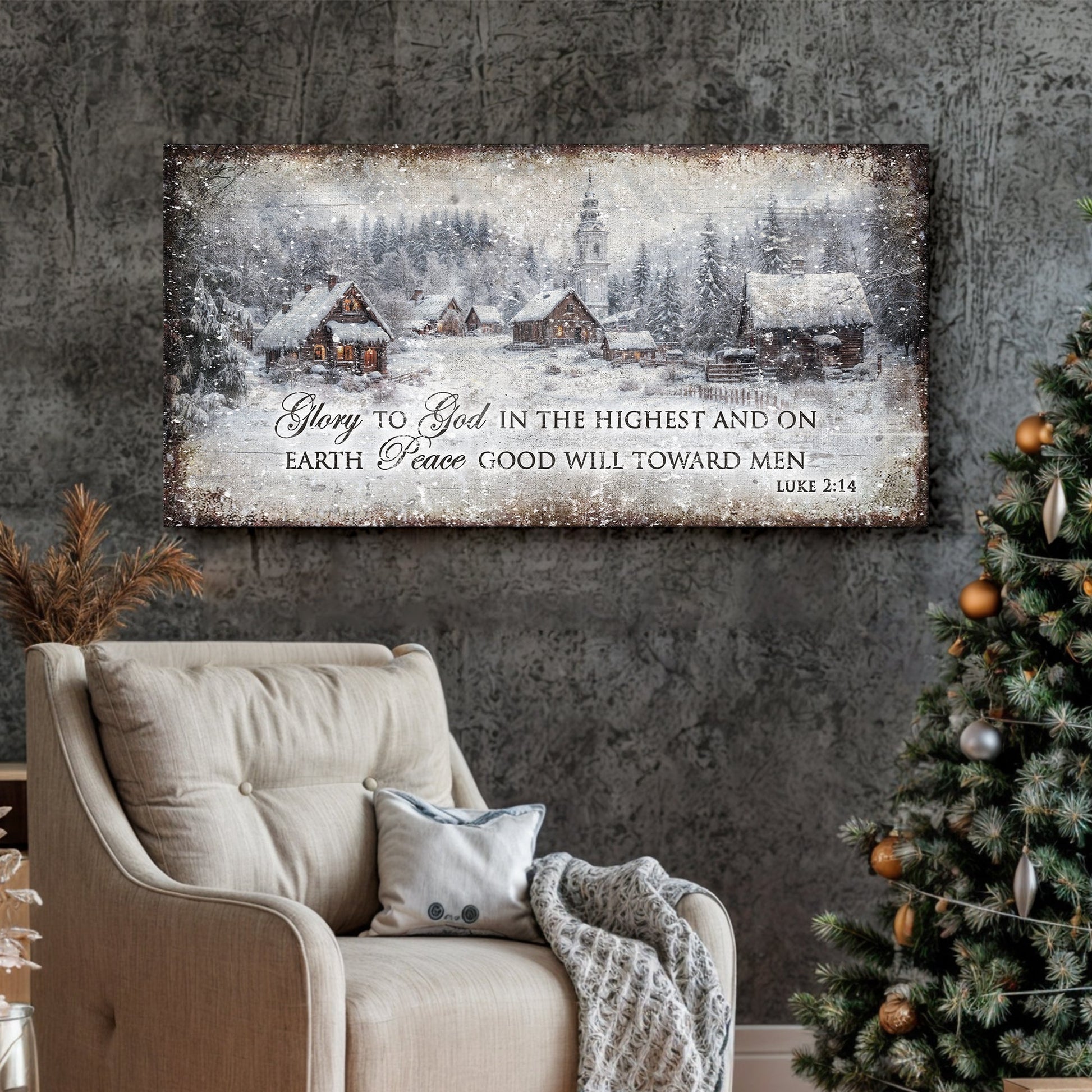 Canvas Vintage Christmas Village Luke 2:14 Scripture Sign by Tailored Canvases, winter on Tampa Home & Garden Store