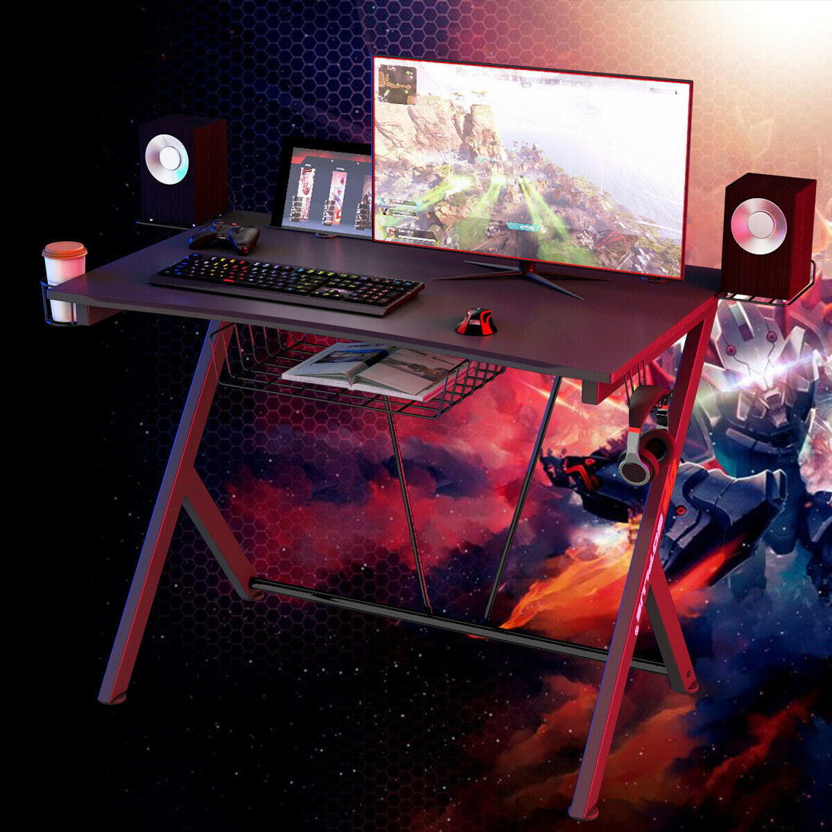 Escritorio de juegos e-sports multifuncional con soporte para auriculares y portavasos