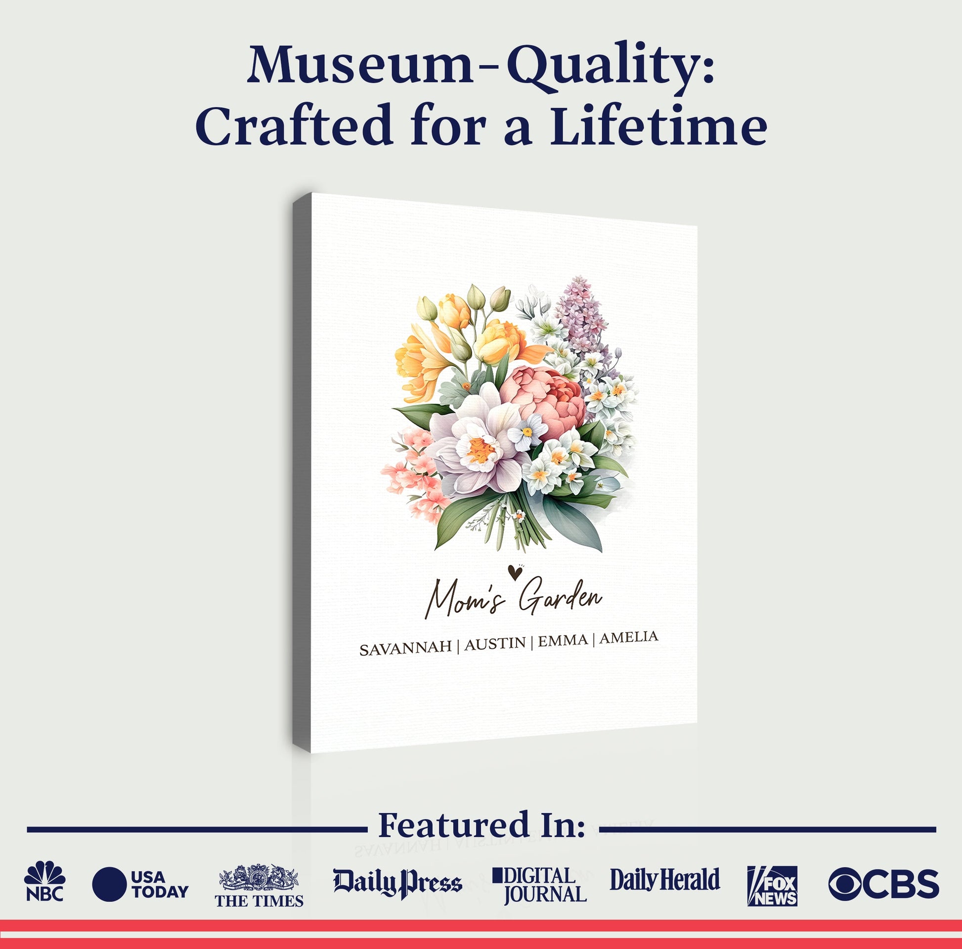 Mother's Day Sign Mom's Garden canvas by Tailored Canvases featuring a vibrant floral bouquet on Tampa Home & Garden Store