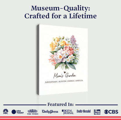 Mother's Day Sign Mom's Garden canvas by Tailored Canvases featuring a vibrant floral bouquet on Tampa Home & Garden Store