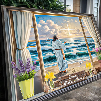 Come Walk With Me Faith Sign V canvas by Tailored Canvases, beach seascape framed window on Tampa Home & Garden Store