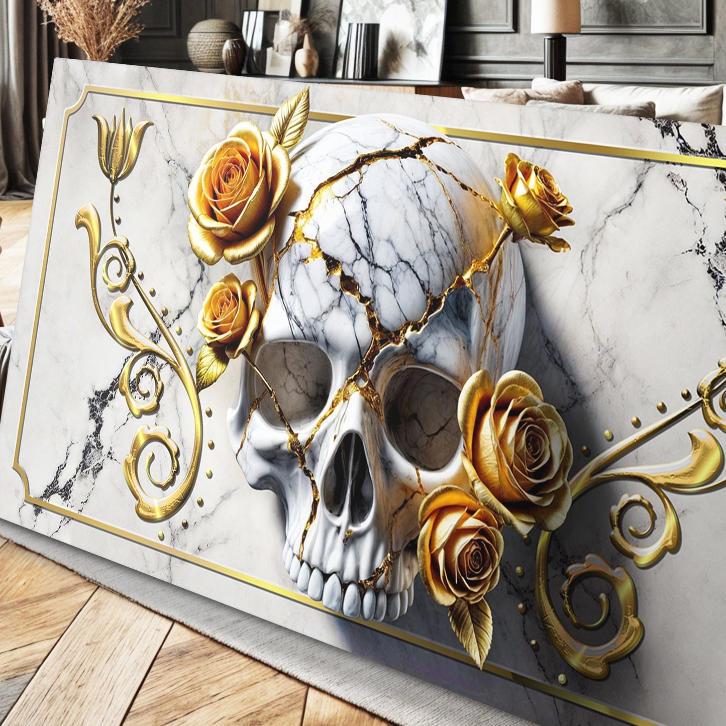 Canvas wall art 3D Rose and Skull with marble texture and gold trim on Tampa Home & Garden Store