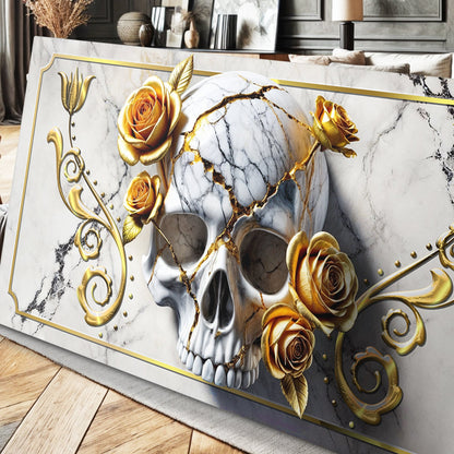 Canvas wall art 3D Rose and Skull with marble texture and gold trim on Tampa Home & Garden Store