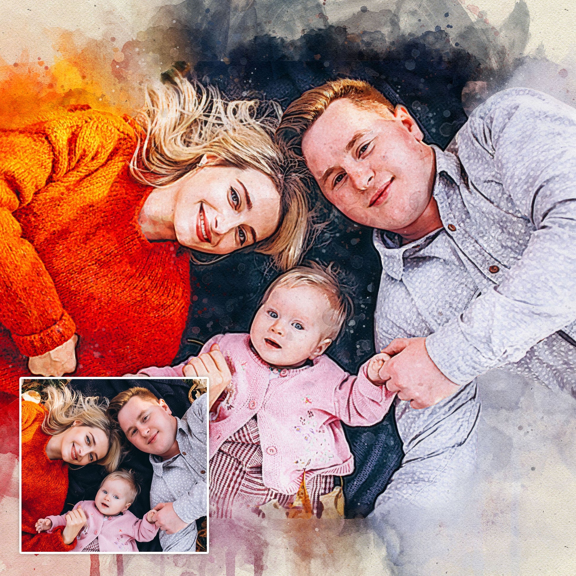 Family watercolor portrait on canvas by Tailored Canvases showing parents with kids on Tampa Home & Garden Store