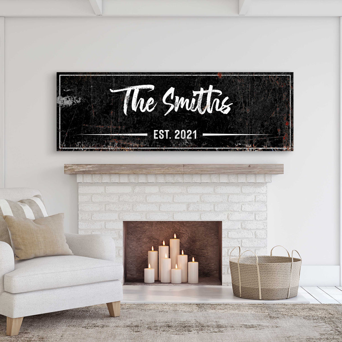 Family Rustic Sign II canvas by Tailored Canvases; distressed black finish with white border and EST. 2021 lettering on Tampa Home & Garden Store